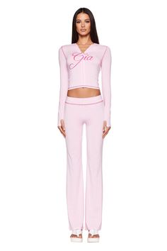 Details Best-selling Blare Trackpant in a new pastel pink colourway Stretchy bamboo and jersey fabrication Low-rise waist and bodycon silhouette Wide, elastic waistband for a comfortable, stretchy fit Featuring placement print 'I.AM.GIA' logo on the bum in contrast pink Contrast pink stitching detail around the waistband Pull-on construction to slip into with ease Unlined - This fabric is not sheer Recommended Underwear: Due to the low-mid rise, we recommend wearing this garment with a seamless, Pilates Fashion, Fame Clothes, Princess Couture, Pink Contrast, Matching Sets Outfit, Placement Print, I Am Gia, Causal Outfits, Pink Rompers