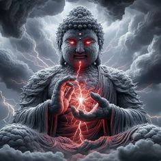 the buddha is surrounded by lightning and clouds