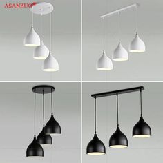 four different types of hanging lights in various shapes and sizes, with the same lighting fixture