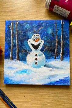 A cute Christmas painting on canvas featuring Olaf the snowman in a snowy forest. Olaf Christmas, Art Projects For Adults, Family Painting, Easy Canvas Painting