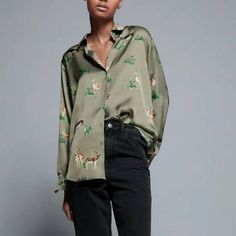 Genuine Zara New With Tag Color(S): Moss Green, Orange Love Satin Feel And Mid Green Color.. Quirky Print With Deer & Antelopes Green Zara Tops For Office, Zara Casual Long Sleeve Blouse, Zara Casual Office Blouse, Antelope Print, Satin Button Up, Zara New, Animal Shirts, Moss Green, Green Orange