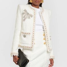 Cora White Rhinestone Bowtie Tweed Jacket - ALLARA White Tweed Jacket, Tweed Pattern, White Tweed, Tweed Coat, Tweed Fabric, White Rhinestone, Tweed Blazer, Winter Coats Women, Tweed Jacket