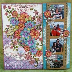 a scrapbook with flowers and photos on it