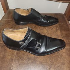 Men's Formal Shoe. Excellent Condition. Made In Spain. Luxury Black Dress Shoes With Buckle Closure, Black Leather Monk Strap Shoes For Formal Occasions, Formal Black Dress Shoes With Buckle Closure, Black Monk Strap Shoes For Business With Branded Insole, Formal Black Monk Strap Shoes With Rubber Sole, Black Leather Shoes With Leather Footbed For Formal Occasions, Formal Black Leather Shoes With Buckle Closure, Formal Black Monk Strap Shoes With Leather Sole, Designer Black Monk Strap Shoes With Rubber Sole