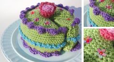 there is a crocheted cake on the plate and it has flowers on top