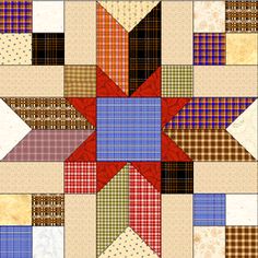 a patchwork quilt with different colors and patterns