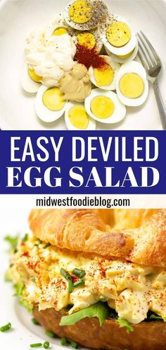 an egg salad on a plate with the words easy deviled egg salad above it