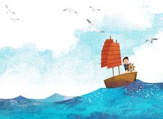 an illustration of a boy on a boat in the ocean with seagulls flying around