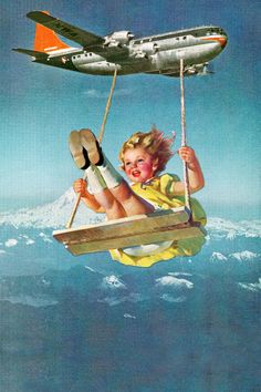 an advertisement with a girl on a swing in the air and a plane above her