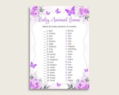 baby shower game with purple flowers and butterflies