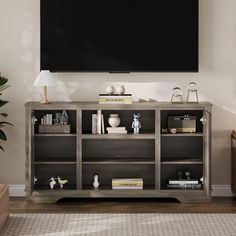 a tv mounted on the wall in a living room with bookshelves and vases