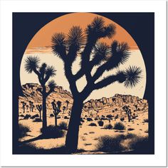 a desert scene with joshua trees in the foreground and an orange sun behind it