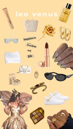 a collage of various items including shoes, rings and lipstick on a yellow background