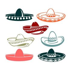 six different colored sombreros on a white background