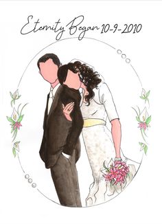 a drawing of a bride and groom holding each other in front of a white background