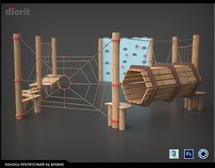 an image of a wooden playground set with ropes and poles on the bottom half of it