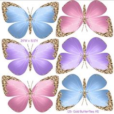 six different colored butterflies with gold glitters and blue, pink, and purple wings