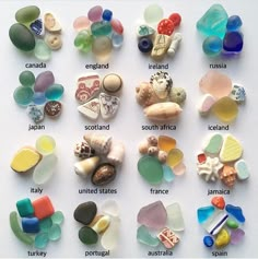 many different types of sea glass displayed on a white surface with words written below them