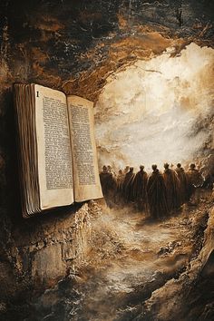 an open book sitting on top of a wall next to a cave filled with people