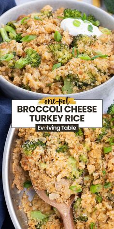 two bowls filled with broccoli cheese turkey rice on top of a blue table cloth