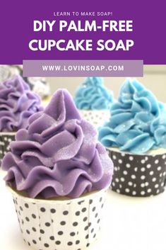 three cupcakes with purple and blue frosting in polka dot paper cups on a white table