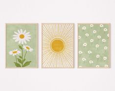 three paintings with daisies and sun in them on a white wall next to each other