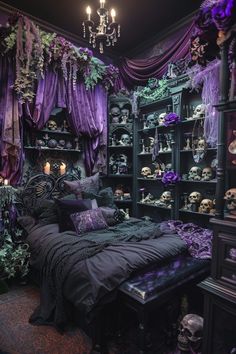 a bedroom decorated in purple and black with skulls on the walls, curtains, and bedding