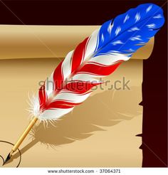 an american flag feather quill resting on top of a piece of parchment paper next to a pen