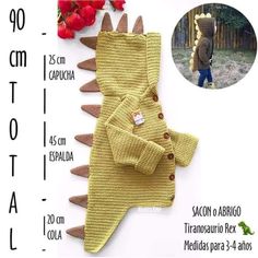 a crocheted dinosaur hat and mitten set is shown with instructions for knitting