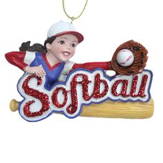 a christmas ornament that says softball with a baseball glove and ball on it