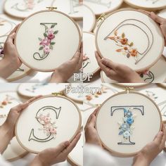 hand embroidered letters and numbers are displayed in embroidery hoop frames, with hands holding each letter