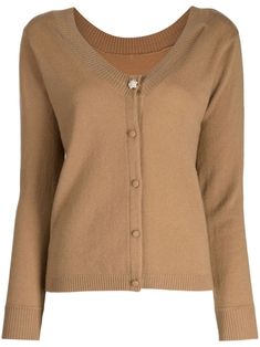 caramel brown cashmere knitted construction round neck decorative button detailing front press-stud fastening long sleeves ribbed cuffs and hem Classic Brown Cardigan With Button Cuffs, Elegant Brown Sweater With Button Closure, Brown Cashmere Cardigan With Buttons, Cardigan Brown, Paule Ka, Caramel Brown, Cashmere Cardigan, Knitwear Cardigan, Knitwear Women