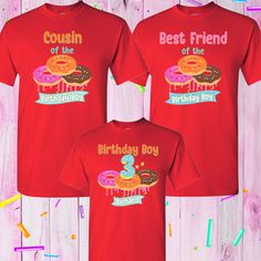 two red shirts with donuts on them and the words best friend at the bottom