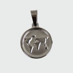 Silver or Gold Stainless Steel World Map Pendant - Boutique Wear RENN Sterling Silver Round Pendant Jewelry For Travel, Silver Metal Jewelry For Travel, Travel Silver Stainless Steel Jewelry, Silver Pendant Jewelry For Travel, Travel Stainless Steel Silver Necklaces, Silver Engraved Jewelry For Travel, Gold World Map, Map Pendant, Figaro Chains