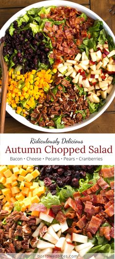 a salad with bacon, apples and cranberries is shown in two different bowls