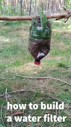 a bottle filled with water hanging from a tree branch