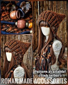 the hat is knitted in brown and has fringes on it, as well as beads