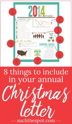 a christmas letter with the text, 8 things to include in your annual christmas letter