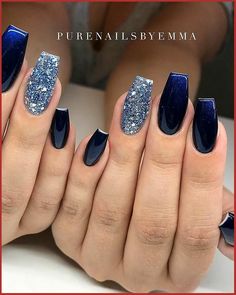 Navy And Silver Nails, Blue Acrylic Nails, Dipped Nails, Hot Nails, Silver Nails