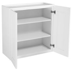 an open white cabinet with shelves and cupboards on the bottom, including one door