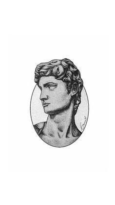 a black and white drawing of a man's head with curly hair in a circle