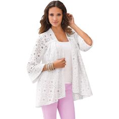 Constructed from beautifully textured lace, this breezy cardigan makes the ultimate summer layer with three-quarter bell sleeves. Designed in the swing silhouette you love, it's detailed with an open front which makes for easy layering. White Jacket Women, Summer Layers, Plus Size Lace, Jean Jacket Women, The Swing, Swimsuits For All, Current Fashion Trends, White Jacket, Size Clothing