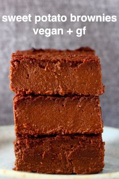 three brownies stacked on top of each other with text overlay that reads sweet potato brownies vegan + gf