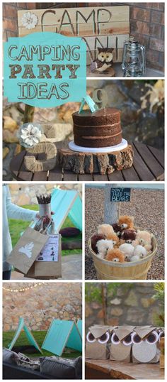 a collage of photos showing different types of camping related items and the words camp party ideas