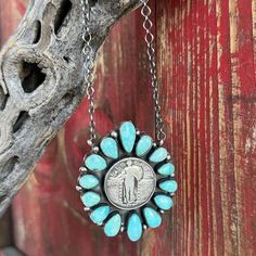 Turquoise Coin Necklace - LIBERTY COIN - BLAIR'S Western Wear located in Marble Falls TX Wrangler Cowboy Cut, Marble Falls, Necklace Stand, Steel Toe Work Boots, Turquoise Stones, Coin Necklace, Coin Pendant, Silver Turquoise, Turquoise Stone