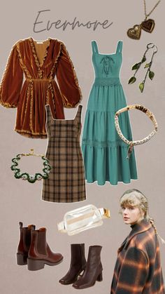 a collage of clothing and accessories including boots, necklaces, bracelets and earrings