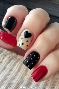 Glossy black February nails with red accents, featuring trendy nail art, unique heart nail designs, and polka-dot styles. January Nail Designs, January Nails, Trendy Nail Art, Unique Valentines, Simple Valentine