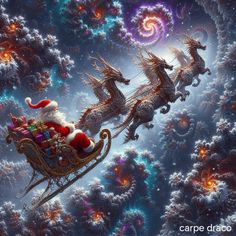 santa claus is riding in a sleigh with his reindeers through the sky