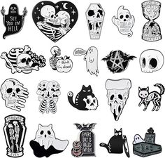 various halloween stickers and decals on a white background, including skulls, tombstones, ghostes, bats, pumpkins