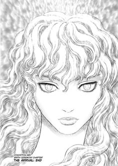 a drawing of a girl with curly hair and blue eyes, looking at the camera